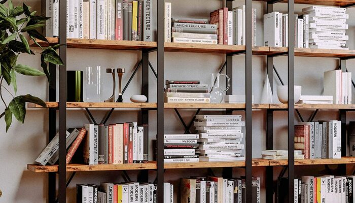 wood and metal bookshelf